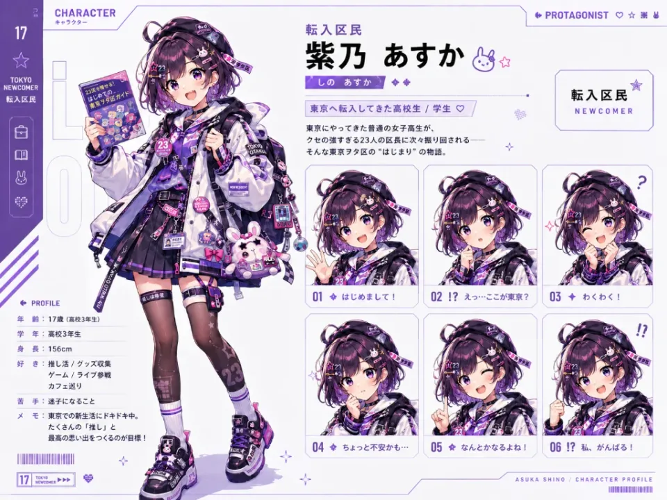 紫乃 あすかの設定画(立ち絵と表情差分)