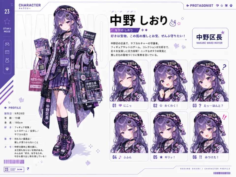中野 しおりの設定画(立ち絵と表情差分)