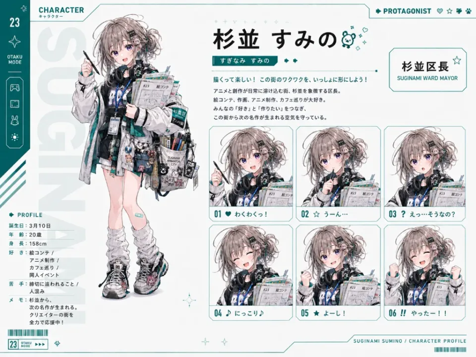 杉並 すみのの設定画(立ち絵と表情差分)