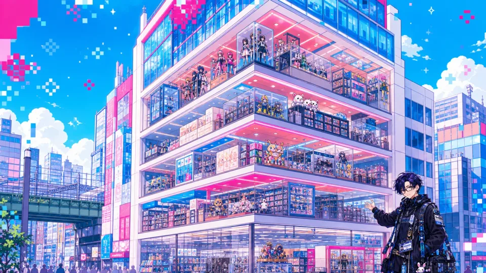 千代田区長と秋葉原ラジオ会館(イラスト)