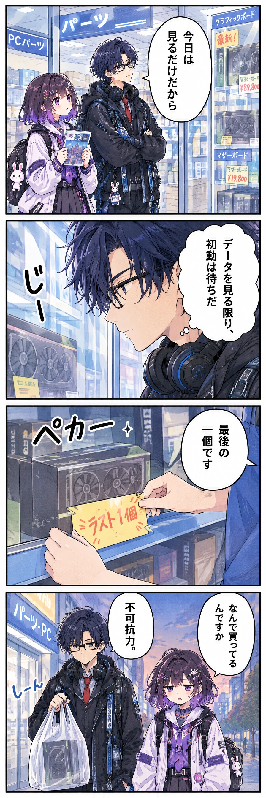 1コマ目(秋葉原のPCパーツ店の入口。立ち止まる千代田区長と、付き添いのあすか):「今日は見るだけだから」 / 2コマ目(ショーケースの最新GPUを、腕組みで見つめる区長):(データを見る限り、初動は待ちだ) / 3コマ目(店員がPOPを貼り替える。『ラスト1点』):店員「最後の一個です」 / 4コマ目(レジ袋を提げて店を出る区長。あすかが呆れ顔):あすか「なんで買ってるんですか」区長「不可抗力。」