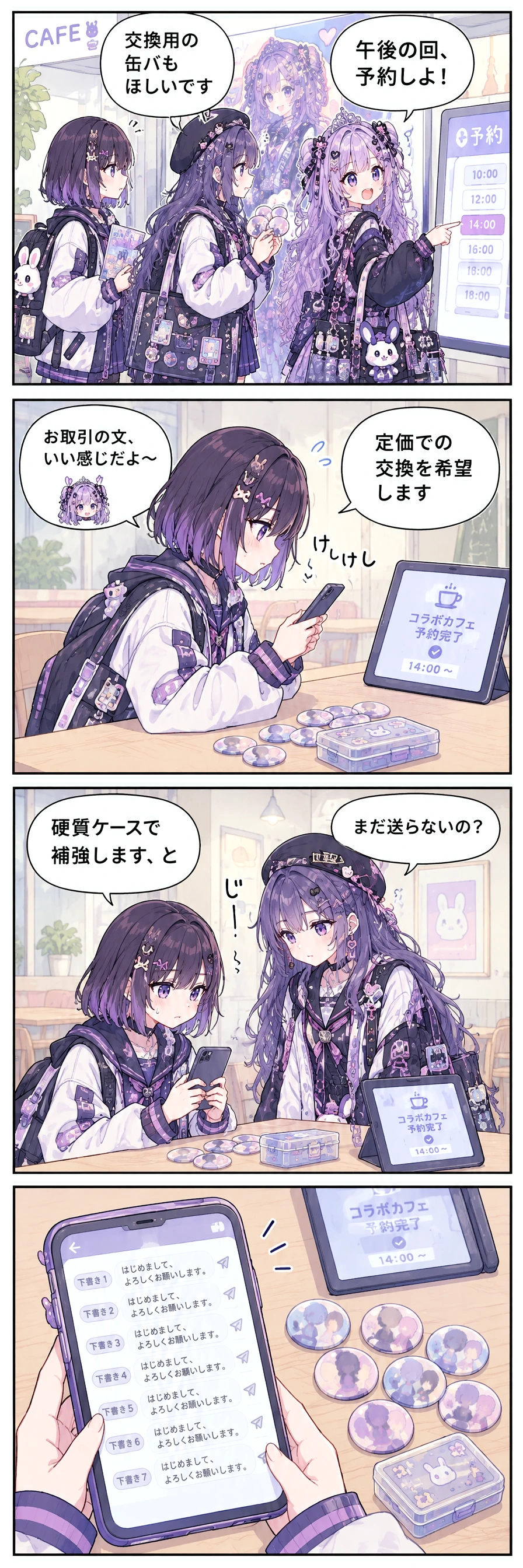 1コマ目(コラボカフェ予約画面前、三人が午後回を予約する):区長「午後の回、予約しよ！」あすか「交換用の缶バもほしいです」 / 2コマ目(予約画面の横で、あすかが文面を消して書き直す):あすか「定価での交換を希望します」区長「お取引の文、いい感じだよ〜」 / 3コマ目(あすかの画面を、しおりが横からのぞきこむ):しおり「まだ送らないの？」あすか「硬質ケースで補強します、と」 / 4コマ目(送信前画面に、同じあいさつ文が七つ並んでいる):