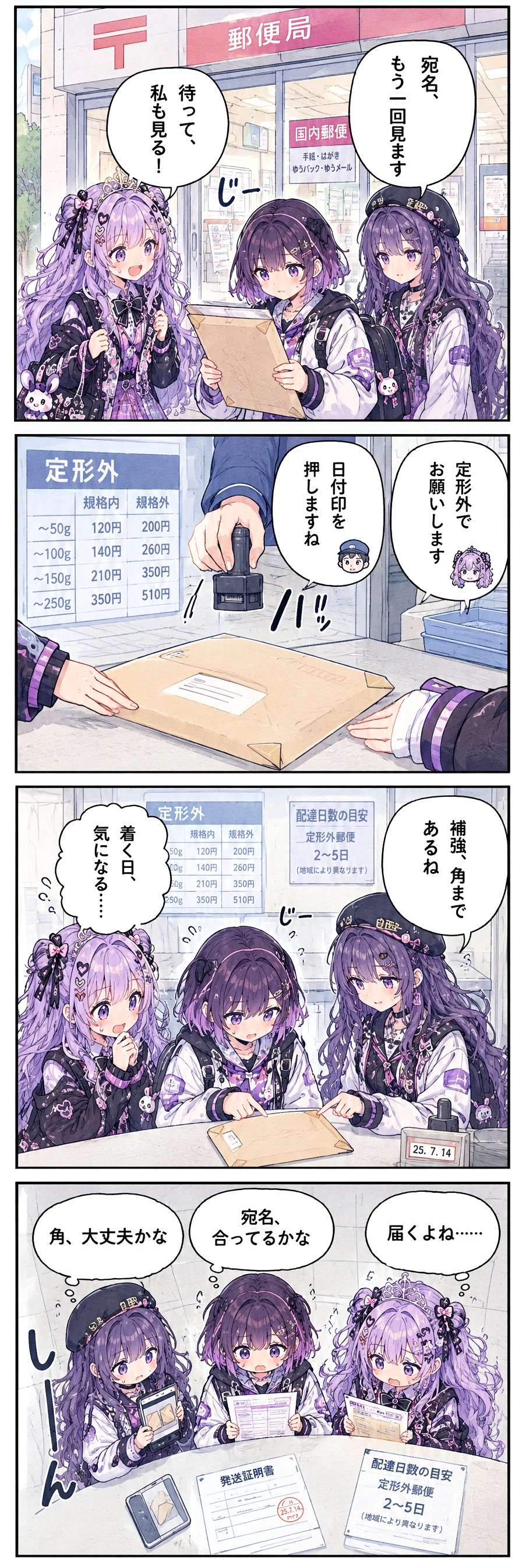 1コマ目(郵便局の入口前、封筒を確認して窓口へ向かう三人):あすか「宛名、もう一回見ます」区長「待って、私も見る！」 / 2コマ目(定形外の料金表がある窓口、封筒を差し出す手元):区長「定形外でお願いします」店員「日付印を押しますね」 / 3コマ目(窓口前、日付印を待ちながら封筒をのぞく三人):しおり「補強、角まであるね」区長(着く日、気になる……) / 4コマ目(発送後、控えの前で三人が別々の不安を見る):区長(届くよね……)しおり(角、大丈夫かな)あすか(宛名、合ってるかな)